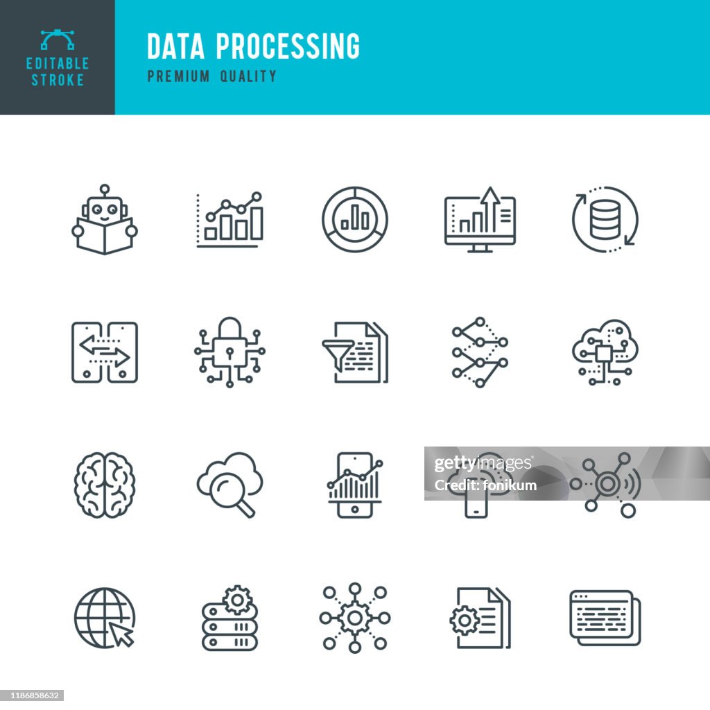 Data Processing - thin line vector icon set. Editable stroke. Pixel Perfect. Set contains such icons as Data, Infographic, Big Data, Cloud Computing, Machine Learning, Security System.