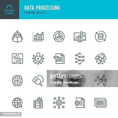 Data Processing - thin line vector icon set. Editable stroke. Pixel Perfect. Set contains such icons as Data, Infographic, Big Data, Cloud Computing, Machine Learning, Security System. Data Processing - thin line vector icon set. Editable stroke. Pixel Perfect. Set contains such icons as Data, Infographic, Big Data, Cloud Computing, Machine Learning, Security System.