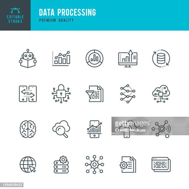 data processing - thin line vector icon set. editable stroke. pixel perfect. set contains such icons as data, infographic, big data, cloud computing, machine learning, security system. - data stock illustrations