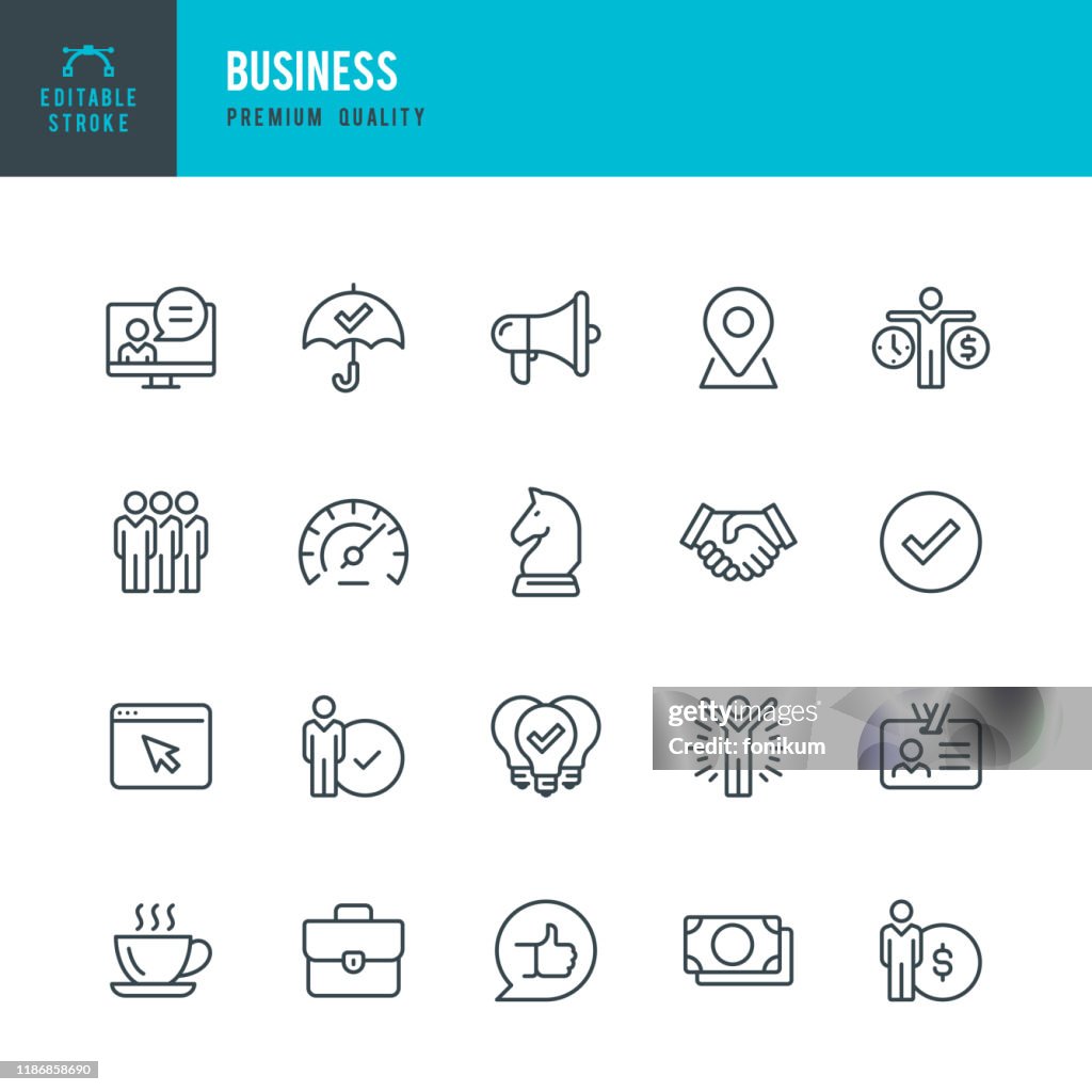 Business - Dünnlinien-Vektor-Symbol-Set. Bearbeitbarer Strich. Pixel perfekt. Set enthält Symbole wie Team, Strategie, Erfolg, Leistung, Website, Handshake.