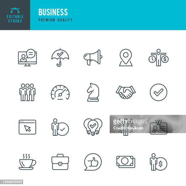 business - thin line vector icon set. editable stroke. pixel perfect. set contains such icons as team, strategy, success, performance, website, handshake. - organised group stock illustrations
