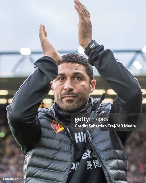 Coach Hayden Mullins of Watford FC during the Premier League match between Watford FC and Crystal Palace at Vicarage Road on December 7, 2019 in...