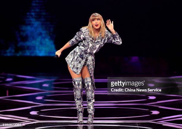 American singer-songwriter Taylor Swift performs on stage during the gala of 2019 Alibaba 11.11 Global Shopping Festival at Mercedes-Benz Arena on...