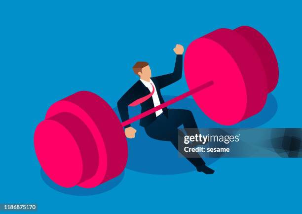 failure, the businessman was overwhelmed by huge dumbbells - person holding up sign stock illustrations