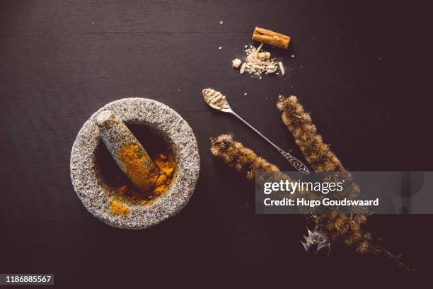 top-down view with organic herbs and cbd related natural medicine such as turmeric, ginger, cinnamon, aloe vera and poppy seeds. - ashwagandha stockfoto's en -beelden