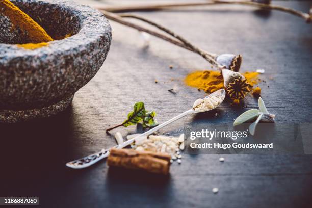 top-down view with organic herbs and cbd related natural medicine such as turmeric, ginger, cinnamon, aloe vera and poppy seeds. - ashwagandha stock-fotos und bilder