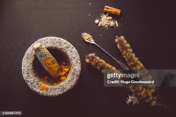 top-down view with organic herbs and cbd related natural medicine such as turmeric, ginger, cinnamon, aloe vera and poppy seeds. - ashwagandha stock-fotos und bilder