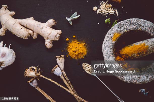 top-down view with organic herbs and cbd related natural medicine such as turmeric, ginger, cinnamon, aloe vera and poppy seeds. - ashwagandha stockfoto's en -beelden