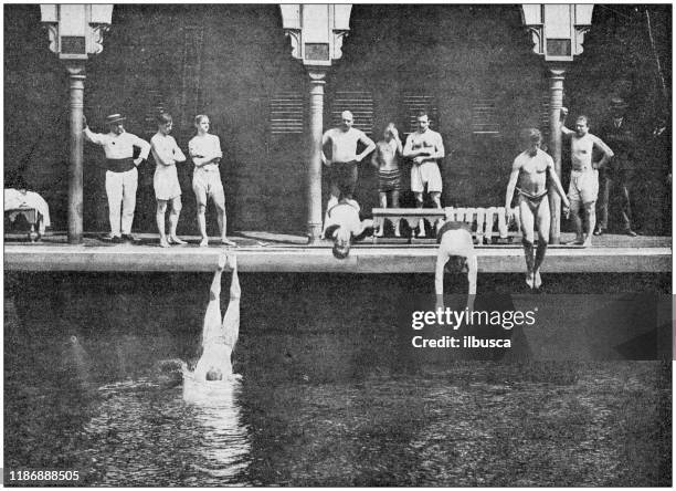 antique photo: diving and swimming into canal saint martin - diving board stock illustrations