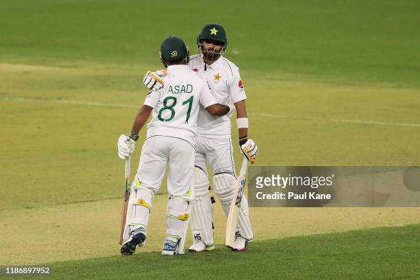 Asad Shafiq of Pakistan is congratulated by Babar Azam after scoring his century during the International Tour match between Australia A and Pakistan...