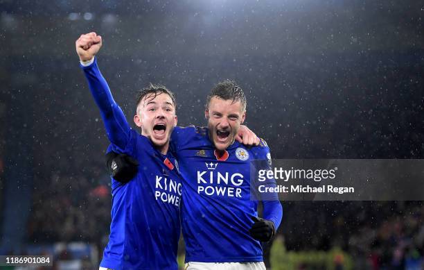 James Maddison of Leicester City celebrates after scoring his team's second goal with Jamie Vardy during the Premier League match between Leicester...