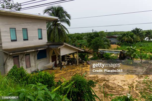 自然災害地すべりは、住宅の洪水を巻き込む - 泥流 ストックフォトと画像