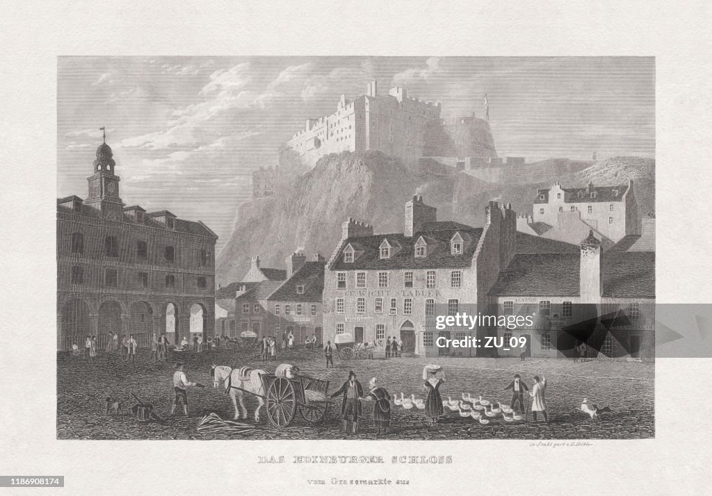 Historical view of Edinburgh Castle, Scotland, steel engraving, published 1857
