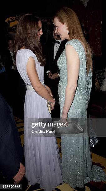 Catherine, Duchess of Cambridge speaks to Nicole Kidman at the 2011 BAFTA Brits To Watch Event at the Belasco Theatre on July 9, 2011 in Los Angeles,...