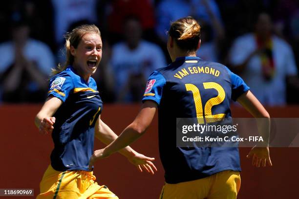 Ellyse Perry of Australia celebrates her goal against Sweden with Emily Van Egmond during the FIFA Women's World Cup 2011 Quarter Final match between...