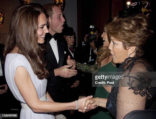 Prince William, Duke of Cambridge and Catherine, Duchess of Cambridge speaks to Jennifer Lopez and her mother Guadalupe Lopez at the 2011 BAFTA Brits...