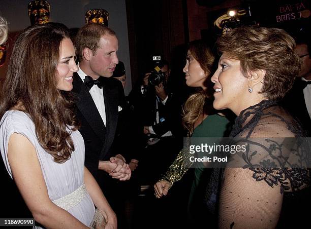 Prince William, Duke of Cambridge and Catherine, Duchess of Cambridge speaks to Jennifer Lopez and her mother Guadalupe Lopez at the 2011 BAFTA Brits...