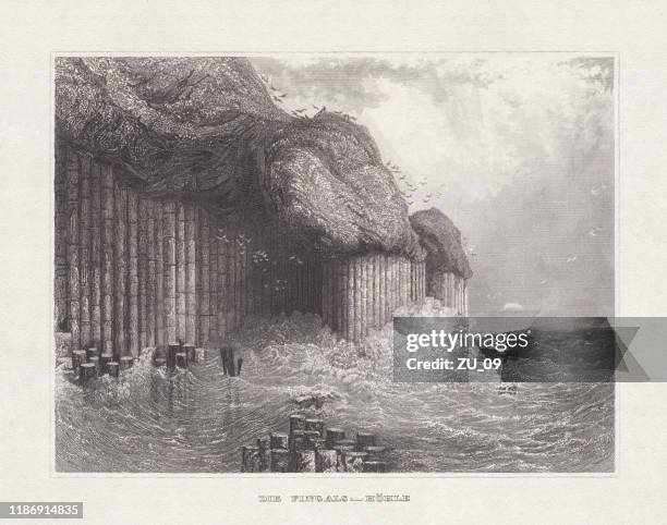 fingal's cave, staffa, scottland, steel engraving, published in 1857 - isle of staffa stock illustrations