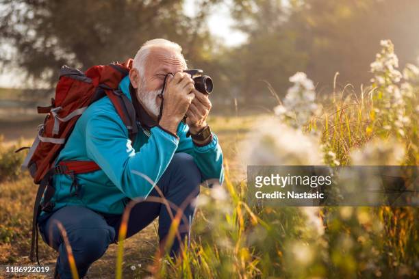 traveler hiker man with backpack hiking near lake taking photos - maquina fotografica antiga imagens e fotografias de stock