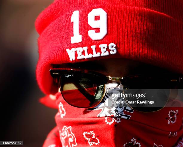 Boston College Eagles fans wear "WELLES" Red bandanas during the game between the Boston College Eagles and the Florida State Seminoles at Alumni...