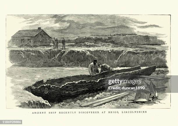 ilustraciones, imágenes clip art, dibujos animados e iconos de stock de canoa de dugout descubierta en brigg, lincolnshire, 1886 - arqueólogo