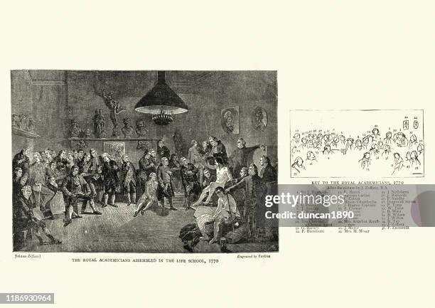 royal academicians assembled in life school, 1770 - london 18th century stock illustrations