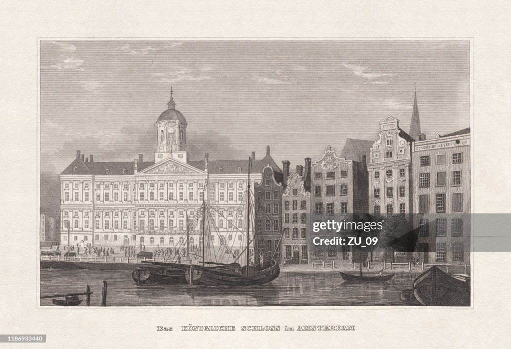 Royal Palace of Amsterdam, Netherlands, steel engraving, published in 1857