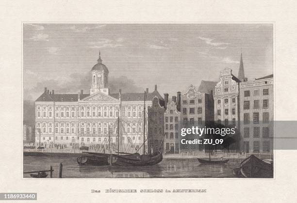 royal palace of amsterdam, netherlands, steel engraving, published in 1857 - royal palace dam square stock illustrations