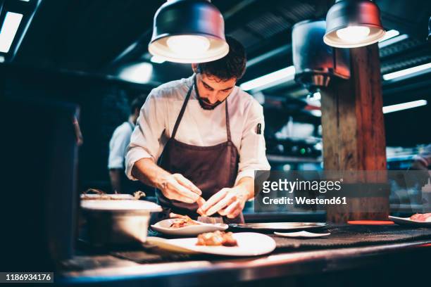 cook serving food on a plate in the kitchen of a restaurant - chef kitchen stockfoto's en -beelden