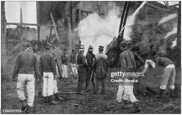 antique photo: fire brigade - firefighters group stock illustrations