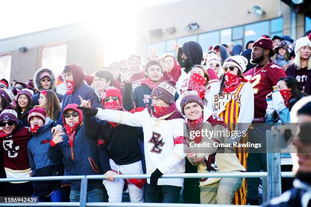 Boston College Eagles fans wear "WELLES" Red bandanas during the game between the Boston College Eagles and the Florida State Seminoles at Alumni...