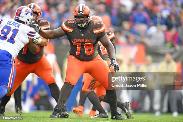 Offensive tackle Greg Robinson of the Cleveland Browns prepares to make a block during the second half at FirstEnergy Stadium on November 10, 2019 in...