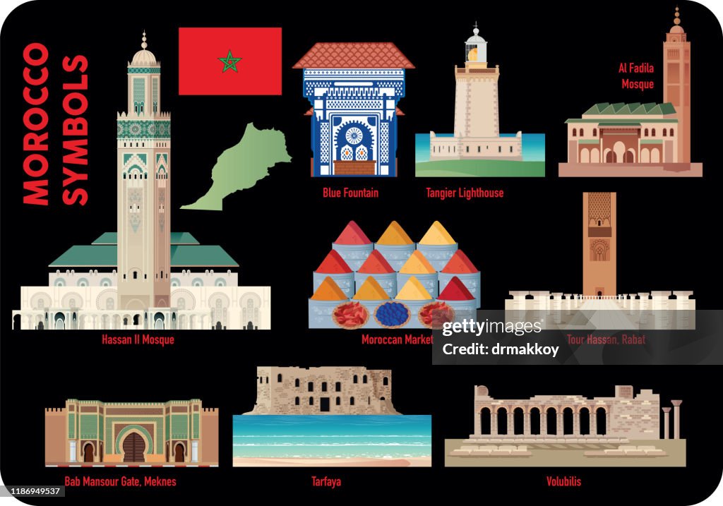 SYMBOLS MOROCCO, Casablanca, Rabat, Fez, Venta, Marrakech, Agadir, Tánger, Meknes, Oujda-Angad, Al Hoceima, Kenitra, Tetuán, Temara, Safi, Mohammedia, Khouribga, Mezquita Hassan 2, Mezquita Al Fadila, Tour Hassan, Rabat, Volubilis, Bab Mansour Gate, Mekn