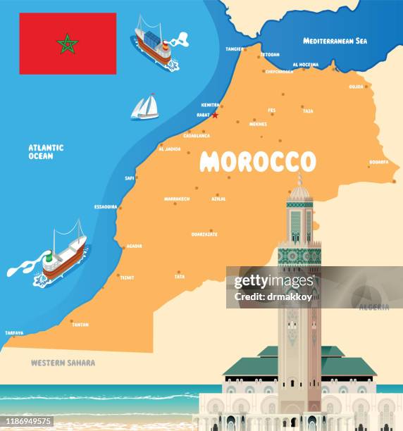 morocco, casablanca, rabat, fes, sale, marrakesh, agadir, tangier, meknes, oujda-angad, al hoceima, kenitra, tetouan, temara, safi, mohammedia, khouribga, beni mellal, fes al bali, el jadid, taza, nador, settat, larache, khs - casablanca morocco stock illustrations