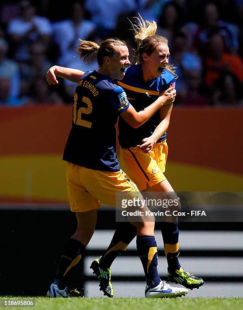 Ellyse Perry of Australia celebrates her goal against Sweden with Emily Van Egmond during the FIFA Women's World Cup 2011 Quarter Final match between...