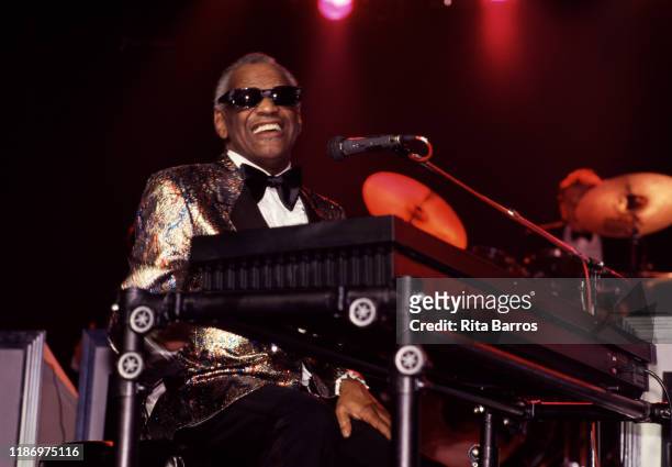 American R&B, Pop, Country, and Soul musician Ray Charles plays piano as he performs onstage at the Casino do Estoril, Cascais, Portugal, July 22,...