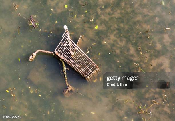 shopping cart in a dirty river - environmental protest stock pictures, royalty-free photos & images