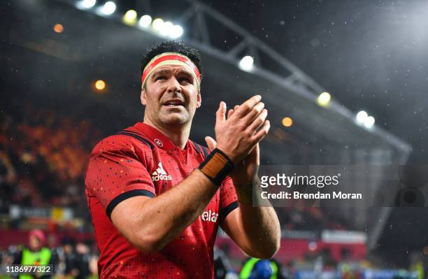 Limerick , Ireland - 7 December 2019; Billy Holland of Munster acknowledges supporters after the Heineken Champions Cup Pool 4 Round 3 match between...
