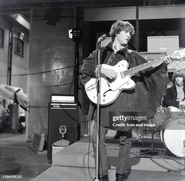 American singer-songwriter, musician and founding member of the Byrds and Crosby, Stills & Nash, David Crosby, on set for The Byrds' performance on...