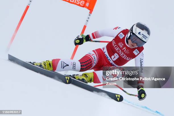 Nicole Schmidhofer of Austria in action during the Audi FIS Alpine Ski World Cup Women's Downhill on December 7, 2019 in Lake Louise Canada.