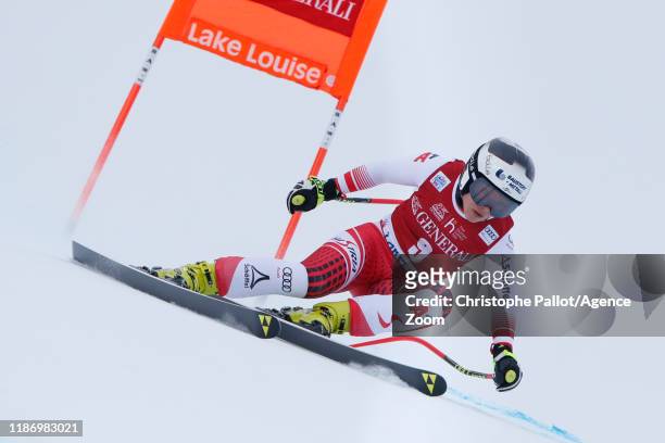 Nicole Schmidhofer of Austria in action during the Audi FIS Alpine Ski World Cup Women's Downhill on December 7, 2019 in Lake Louise Canada.