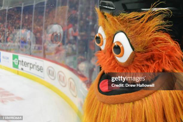 Mascot Gritty of the Philadelphia Flyers watches the game against the Ottawa Senators in the third period at Wells Fargo Center on December 7, 2019...