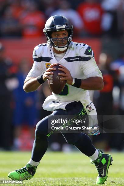 Russell Wilson of the Seattle Seahawks plays against the Cleveland Browns at FirstEnergy Stadium on October 13, 2019 in Cleveland, Ohio.