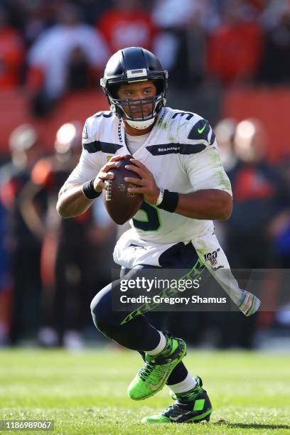 Russell Wilson of the Seattle Seahawks plays against the Cleveland Browns at FirstEnergy Stadium on October 13, 2019 in Cleveland, Ohio.