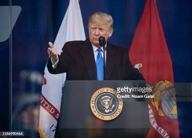 President Donald Trump speaks during the Veterans Day Parade opening ceremony on November 11, 2019 in New York City.