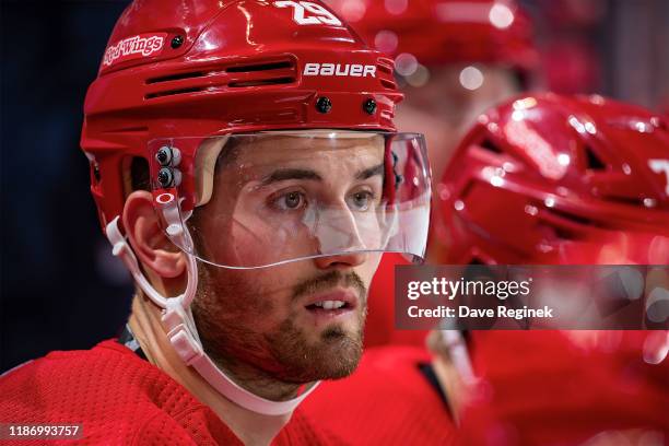 Brendan Perlini of the Detroit Red Wings watches the action from the bench against the Vegas Golden Knights during an NHL game at Little Caesars...