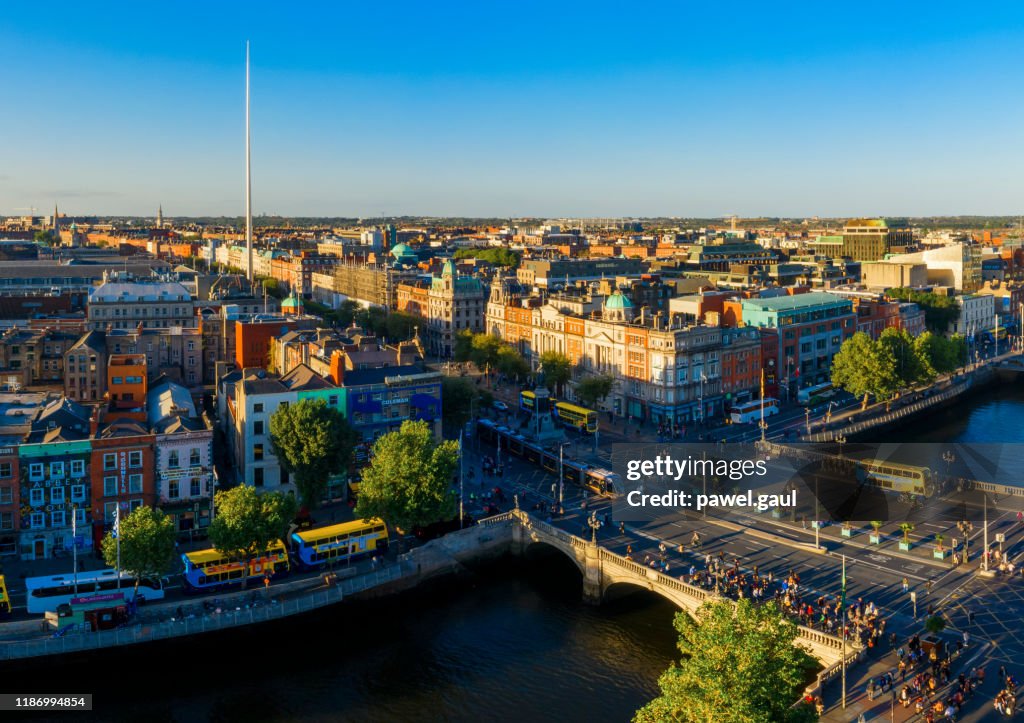 Vista aerea di Dublino con fiume Liffey e ponte O'Connell durante il tramonto