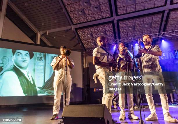 View of, from left, American Jazz musicians Corey Wilcox, on trombone, Christian Jacquri Cummings and Anthony Orji, both on alto saxophone, and...