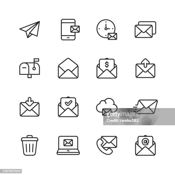 email and messaging line icons. editable stroke. pixel perfect. for mobile and web. contains such icons as email, messaging, text messaging, communication, invitation, speech bubble, online chat, office. - message stock illustrations