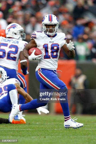 Andre Roberts of the Buffalo Bills runs with the ball during the game against the Cleveland Browns at FirstEnergy Stadium on November 10, 2019 in...